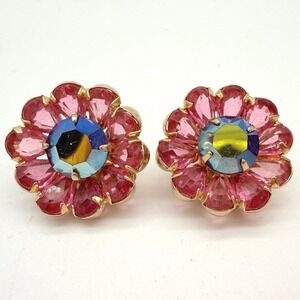 Vintage Pink Rhinestone Flower Clip On Earrings AB Crystal Gold Tone